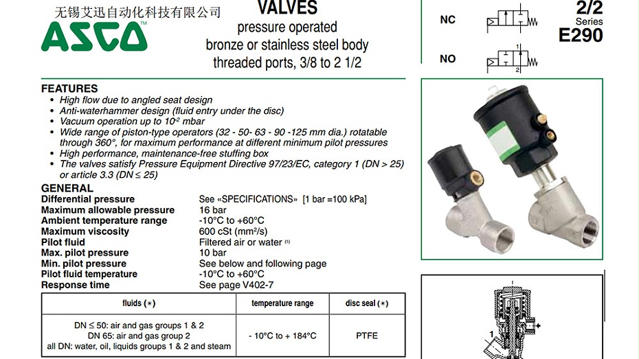 ASCO角座閥E290B079選型參考